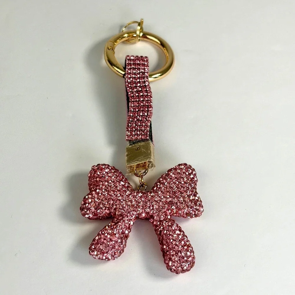 Sparkly Keychain Pink Rhinestone Bow Wristlet Charm Coquette Y2K Style Bling New